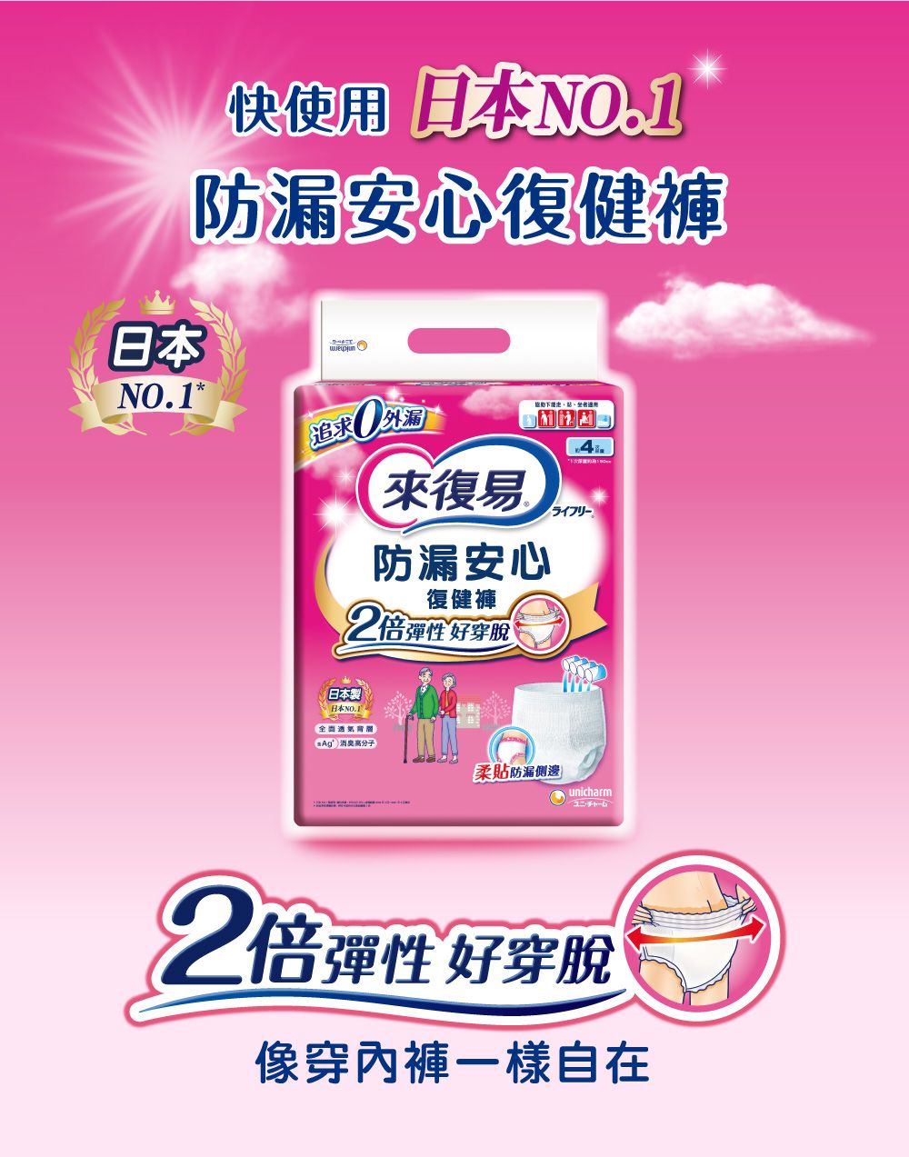 快使日本N1防漏安心復健褲日本 ONO.1*追求   、用.來復易防漏安心復健褲2倍彈性 好穿脫日本製日本NO.1 柔貼防漏側邊unicharm2倍彈性 好穿脫穿內褲一樣自在