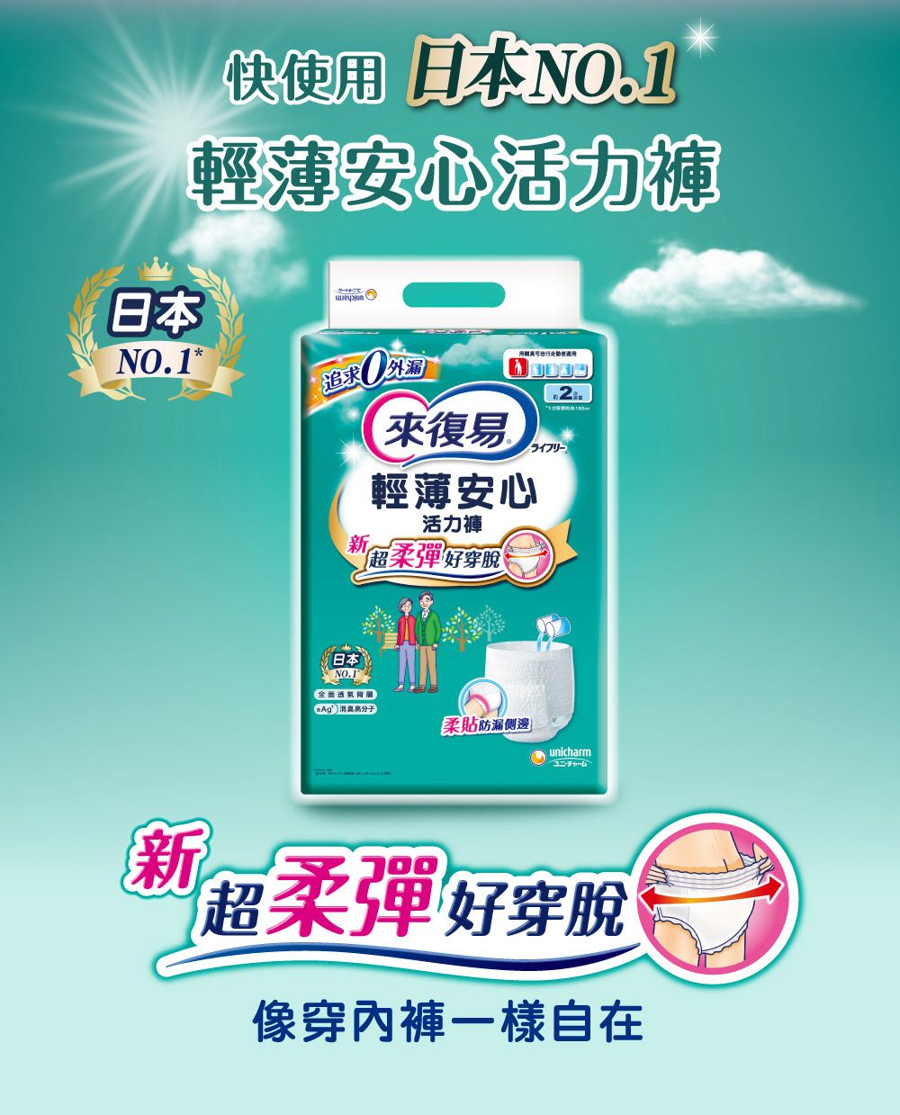 日本快使用 日本NO1輕薄安心活力褲*追求 .來復易輕薄安心活力褲新超柔好穿日本)NO.1透氣背高分子柔貼防漏側邊 unicharm新超柔彈好穿脫穿內褲一樣自在