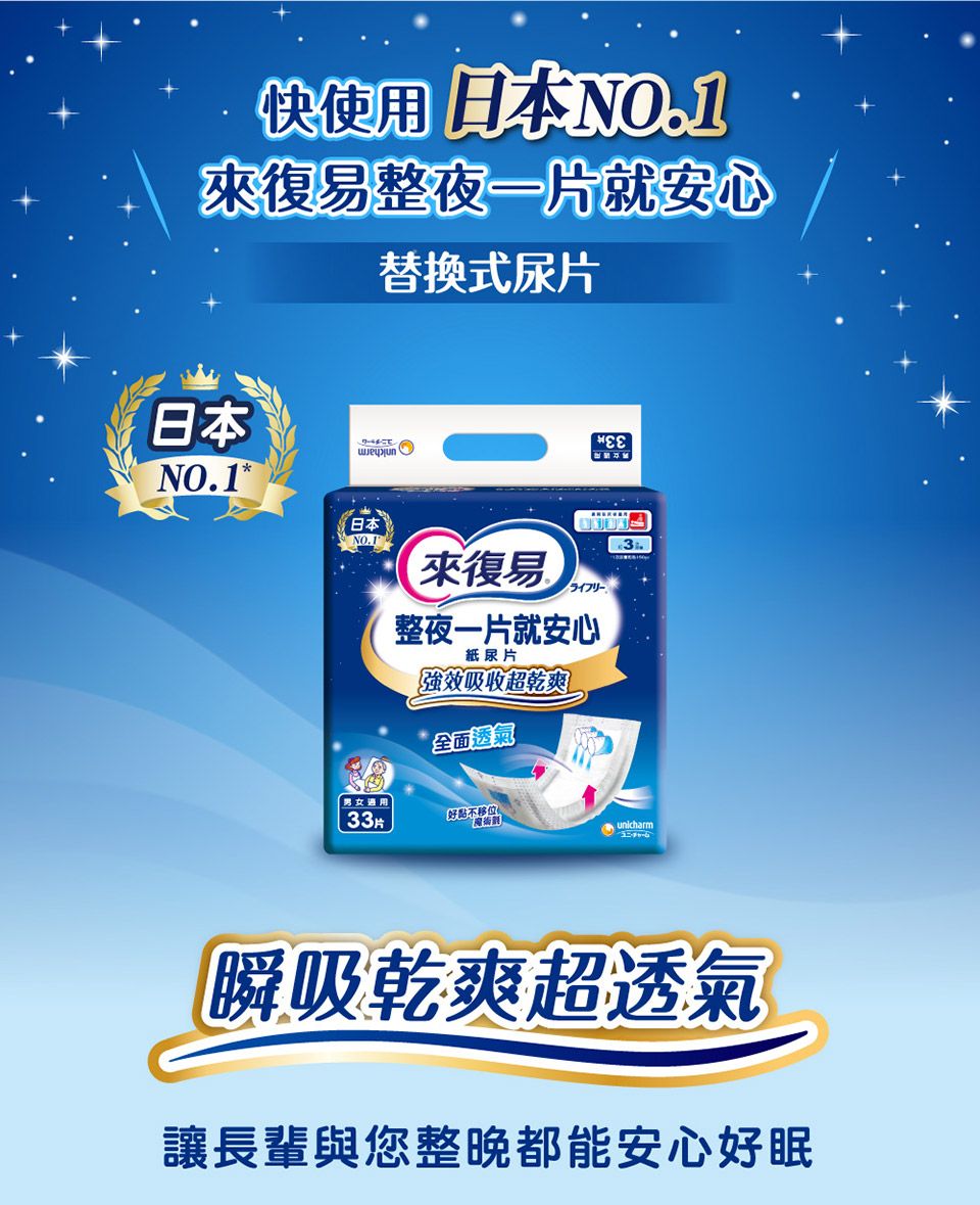 快使用 日本NO.1復易整夜一片就安心日本NO.1替換式尿片日本復易 整夜一片就安心纸尿片強效吸收超乾爽全面透氣3.男女適用33片「好點不移位瞬吸乾爽超透氣讓長輩與您整晚都能安心好眠