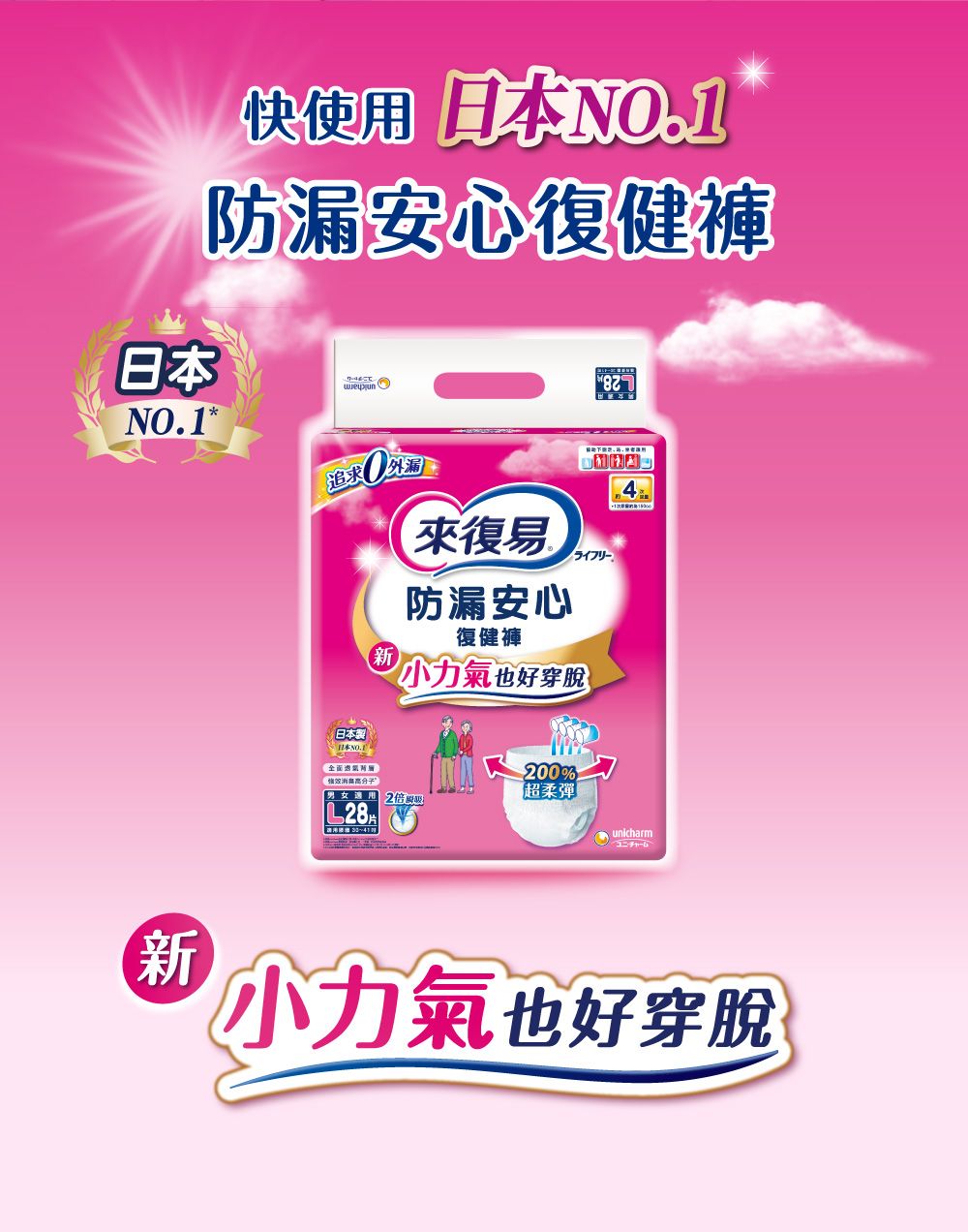 日本NO.1*快使用 日本NO.1防漏安心復健褲追求日本製新來復易防漏安心復健褲小力氣也好穿脫200%男女 2超柔彈L28片 uncharmチャーム新小力氣也好穿脫