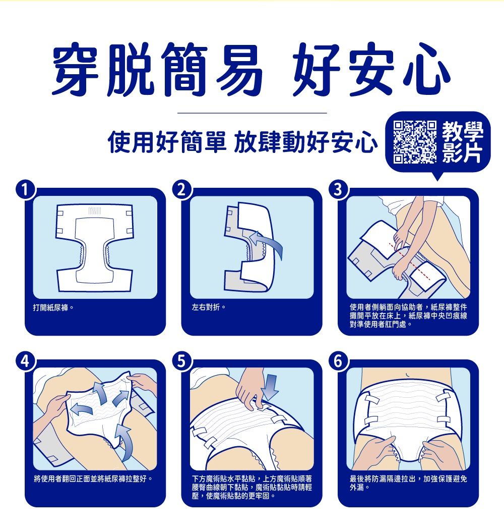 4脱 好安心使用好簡單 放肆動好安心3教學溪 影片2打開紙尿褲。左右對折。使用者側躺面向協助者,紙尿褲整件攤開平放在床上,紙尿褲中央凹痕線對準使用者肛門處。將使用者翻回正面並將紙尿褲拉整好。56下方魔術貼水平黏貼,上方魔術貼順著腰臀曲線朝下黏貼,魔術貼黏貼時請輕壓,使魔術貼黏的更牢固。最後將防漏隔邊拉出,加強保護避免外漏。