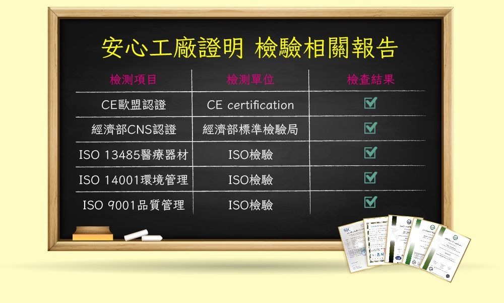 檢查結果安心工廠證明 檢驗相關報告檢測項目檢測單位CE歐盟認證CE certification經濟部CNS認證經濟部標準檢驗局ISO 13485醫療器材ISO檢驗ISO 14001環境管理ISO檢驗ISO 9001品質管理ISO檢驗Σ Σ Σ Σ Σ