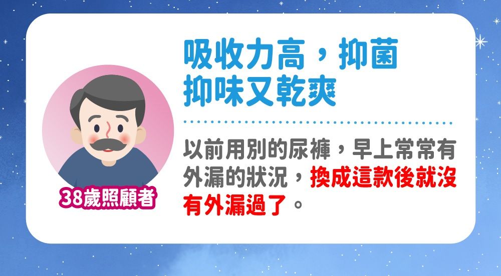 吸收力高,抑菌抑味又乾爽以前用別的尿褲,早上常常有漏的狀況,換成這款後就沒38照顧者 有外漏過了。