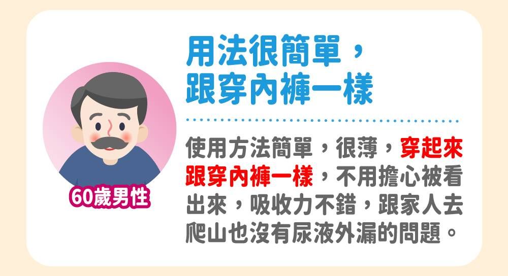 (60歲男性用法很簡單,一樣使用方法簡單,很薄,穿起來跟穿內褲一樣,不用擔心被看出來,吸收力不錯,跟家人去爬山也沒有尿液外漏的問題