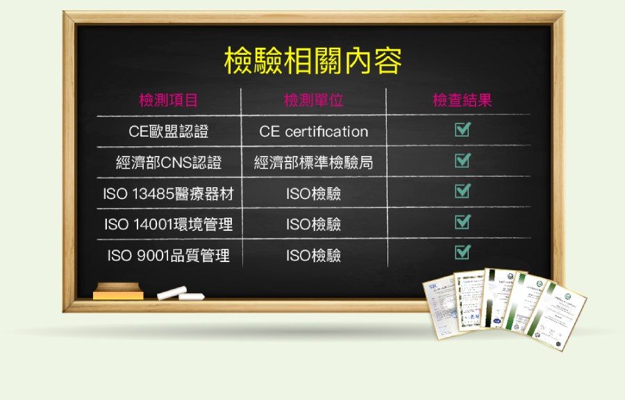 檢驗相關內容檢測項目檢測單位CE歐盟認證CE certification經濟部CNS認證經濟部標準檢驗局ISO 13485醫療器材ISO檢驗ISO 14001環境管理ISO檢驗ISO 9001品質管理ISO檢驗檢查結果