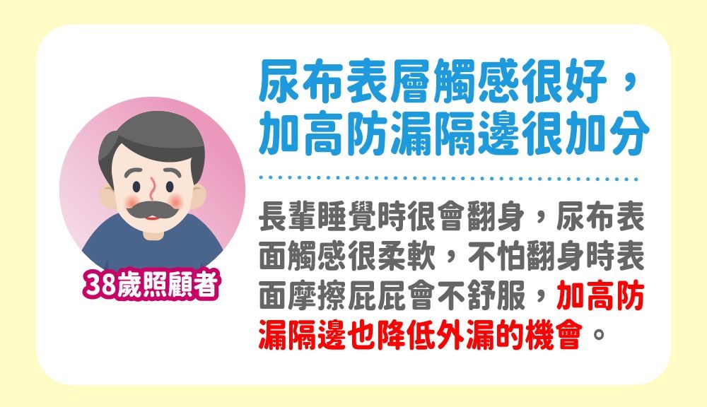 尿布表層觸感很好,加高防漏隔邊很加分長輩睡覺時很會翻身,尿布表觸感很柔軟,不怕翻身時表照顧者 面摩擦屁屁會不舒服,加高防漏隔邊也降低外漏的機會。