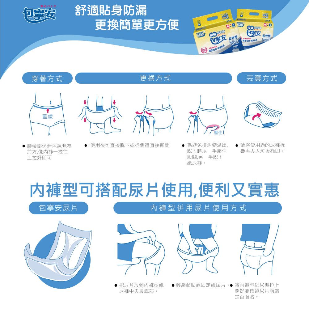 包安舒適貼身防漏更換簡單更方便穿著方式更換方式藍線 包寧安長效型復包寧安 長效型丟棄方式,腰帶部份藍色線條為前方,像內褲一樣往上拉好即可使用後可直接脫下或從側邊直接撕開為避免排泄物溢出,脫下時以一手壓住股間,另一手脫下紙尿褲。 請將使用過的尿褲垃圾桶即可內褲型可搭配尿片使用,便利又實惠包寧安尿片內褲型併用尿片使用方式 把尿片放到內褲型紙 輕壓黏貼處固定紙尿片。將內褲型紙尿褲拉上尿褲中央最底部。穿好並確認尿片兩端是否服貼。