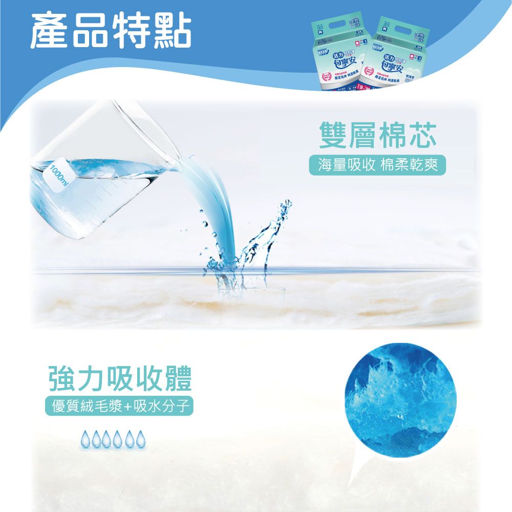 產品特點 10ml強力吸收體優質絨毛漿+吸水分子000000寧安包安00雙層棉芯海量吸收 棉柔乾爽