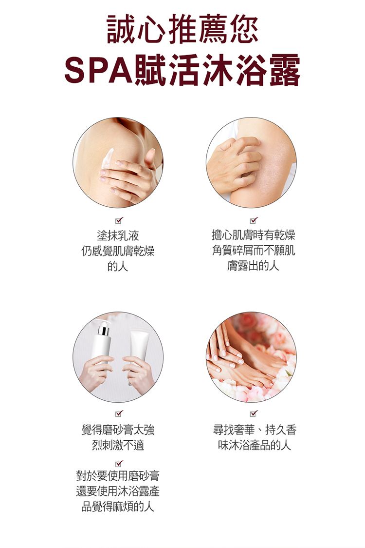 誠心推薦您SPA賦活沐浴露塗抹乳液擔心肌膚時有乾燥仍感覺肌膚乾燥的人角質碎屑而不願肌膚露出的人覺得磨砂膏太強尋找奢華、持久香烈刺激不適對於要使用磨砂膏還要使用沐浴露產品覺得麻煩的人味沐浴產品的人