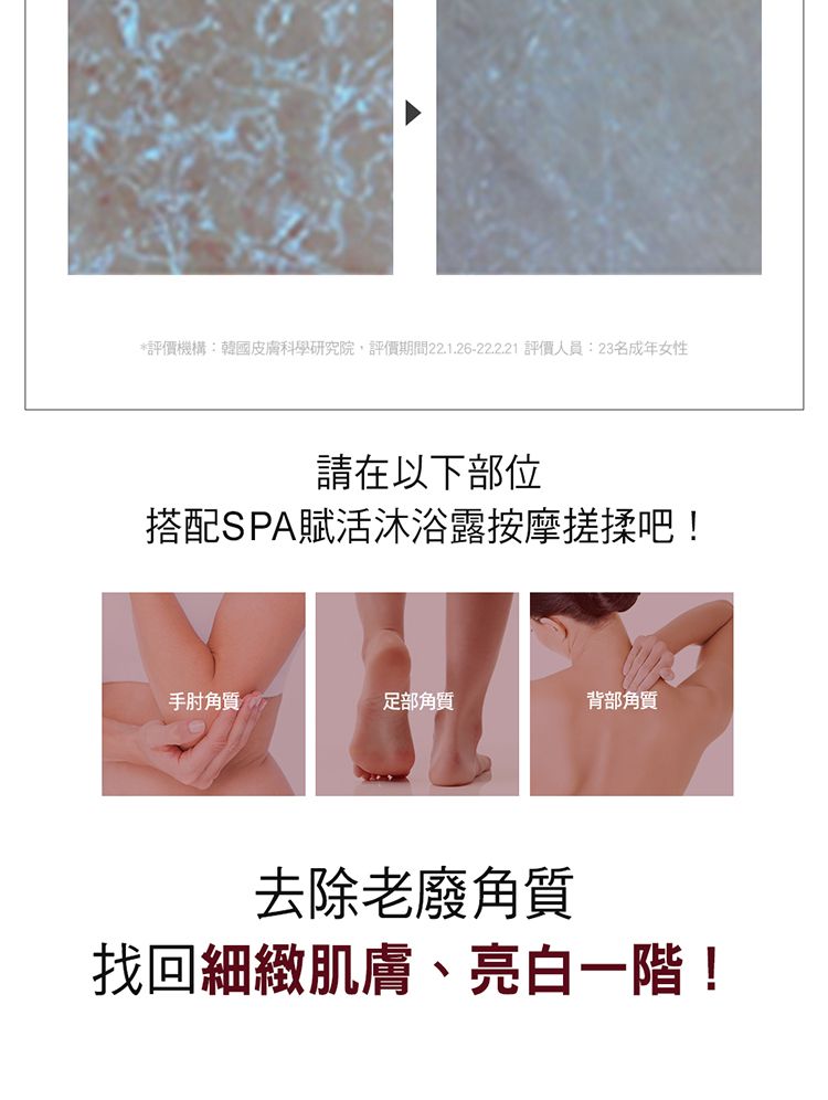 *評價機構韓國皮膚科學研究院,評價期間22.1.26-22.2.21 評價人員:23名成年女性請在以下部位搭配SPA賦活沐浴露按摩搓揉吧!手肘角質:足部角質背部角質去除老廢角質找回細緻肌膚、亮白一階!
