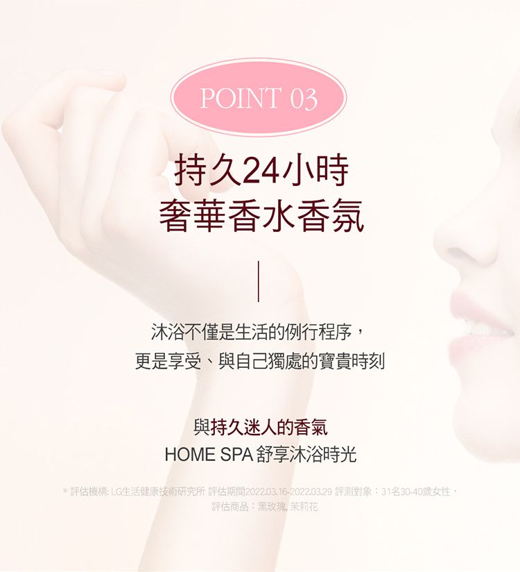 POINT 03持久24小時奢華香水香氛沐浴不僅是生活的例行程序,更是享受與自己獨處的寶貴時刻與持久迷人的香氣HOME SPA 舒享沐浴時光*評估機構:LG生活健康技術研究所評估期間2022.03.16-2022.03.29 評測對象:31名30-40歲女性,評估商品:黑玫瑰、茉莉花