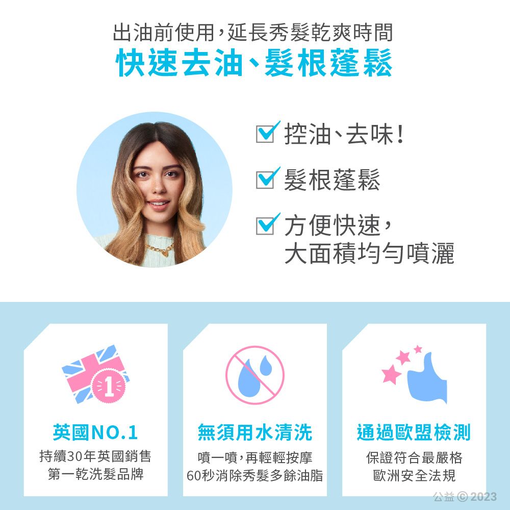 出油前使用,延長秀乾爽時間快速去油、根蓬鬆控油、去味! 髮根蓬鬆 方便快速,大面積均勻噴灑1英國NO.1持續30年英國銷售第一乾洗髮品牌無須用水清洗通過歐盟檢測噴一噴,再輕輕按摩60秒消除秀髮多餘油脂保證符合最嚴格歐洲安全法規公益© 2023