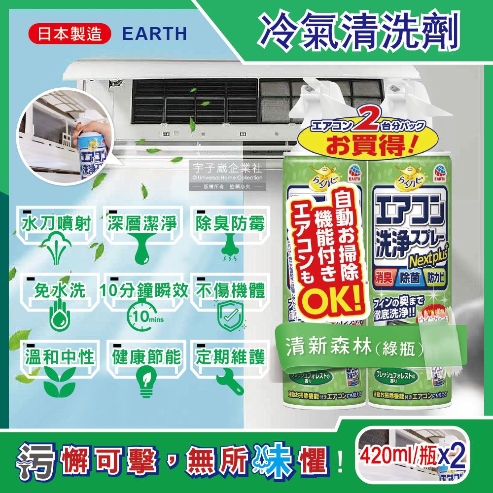 SINJA EARTH 興家安速 (2瓶超值組)日本-NextPlus+免水洗10分鐘瞬效除臭防霉芳香冷氣清潔劑-清新森林(綠瓶)420ml/瓶