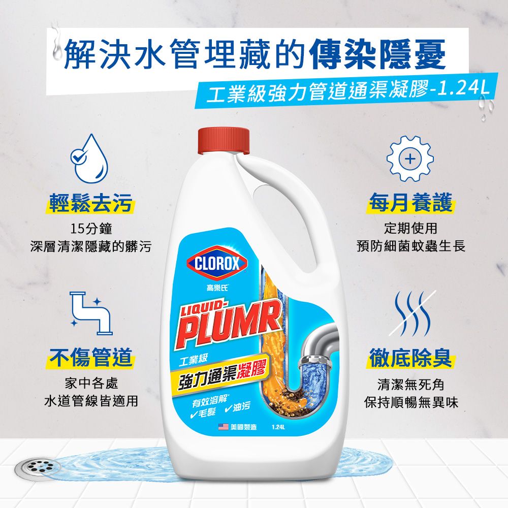 CLOROX 高樂氏 工業級強力管道通渠凝膠1.24L(水管疏通/水管清潔/凝膠/管道堵塞/溶解毛髮菜渣)