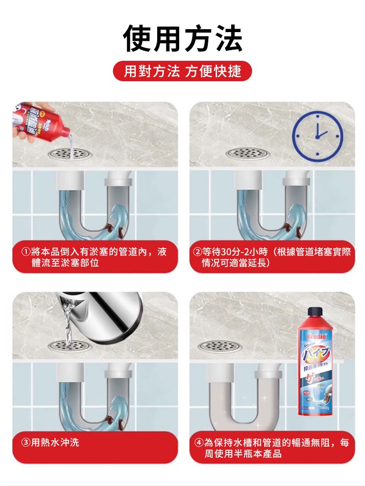 使用方法用對方法 方便快捷①將本品倒入有淤塞的管道內,液體流至淤塞部位② 等待30分-2小時(根據管道堵塞實際情况可適當延長)③用熱水沖洗④為保持水槽和管道的暢通無阻,每周使用半瓶本產品