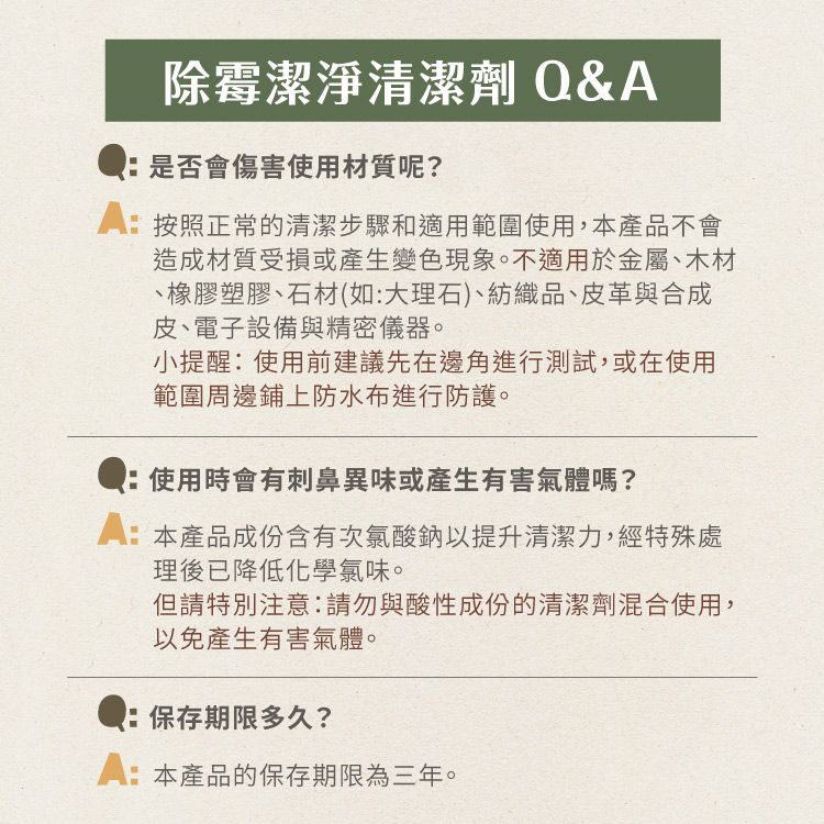 除霉潔淨清潔劑 &Q是否會傷害使用材質呢?A按照正常的清潔步驟和適用範圍使用,本產品不會造成材質受損或產生變色現象。不適用於金屬、木材、橡膠塑膠、石材(如大理石)、紡織品、皮革與合成皮、電子設備與精密儀器。小提醒:使用前建議先在邊角進行測試,或在使用範圍周邊鋪上防水布進行防護。使用時會有刺鼻異味或產生有害氣體嗎?A:本產品成份含有次氯酸鈉以提升清潔力,經特殊處理後已降低化學氯味。但請特別注意:請勿與酸性成份的清潔劑混合使用,以免產生有害氣體。:保存期限多久?A:本產品的保存期限為三年。