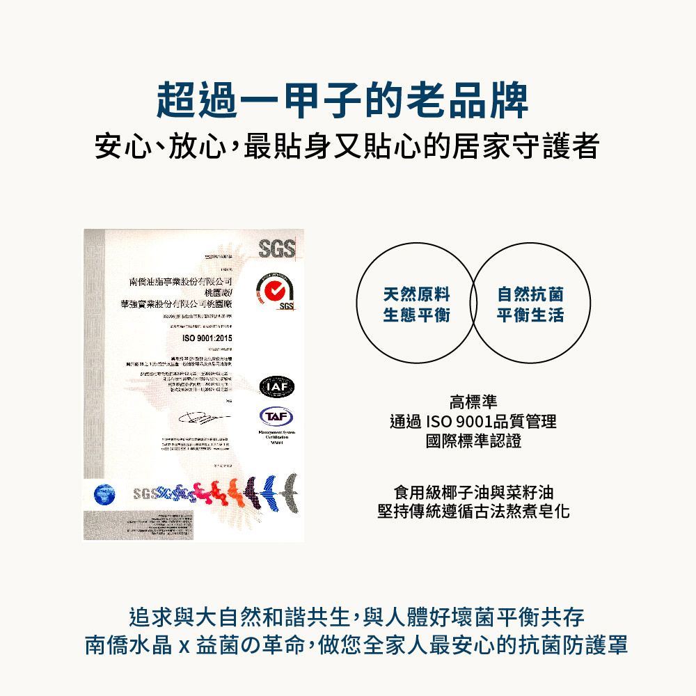 超過一甲子的老品牌安心、放心,最貼身又貼心的居家守護者南僑華強股份有限公司桃園廠天然原料自然抗菌SGS生態平衡平衡生活SGSISO 9001:2015 IAFTAF高標準通過ISO 9001品質管理國際標準認證食用級椰子油與菜籽油堅持傳統遵循古法熬煮皂化追求與大自然和諧共生,與人體好壞菌平衡共存南僑水晶益菌の革命,做您全家人最安心的抗菌防護罩