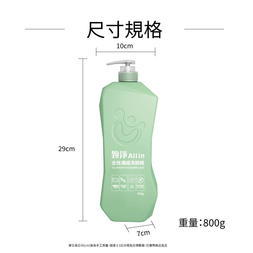 尺寸規格10cm29cm致淨 Alling全效濃縮洗碗精FULL EFFICIENCY DISHWASHING LIQUID800g7cm單位為公分(cm)皆為手工測量,誤差3公分視為合理範圍,已實際商品為主重量:800g