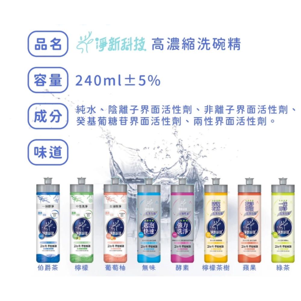 品名 科 高濃縮洗碗精容量240ml±5%成分純水、陰離子界面活性劑、非離子界面活性劑、基葡糖苷界面活性劑、兩性界面活性劑。味道中性洗淨去油除淨起泡快速強力洗淨新技伯爵茶檸檬葡萄柚無味酵素檸檬茶樹蘋果綠茶