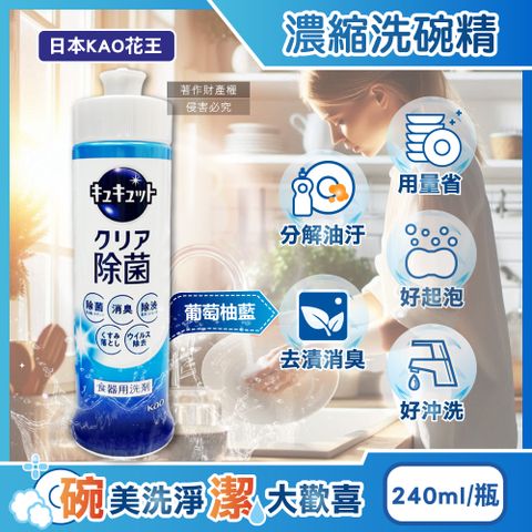 日本KAO花王-珂珂透CUCUTE高效濃縮洗碗精-葡萄柚藍240ml/瓶