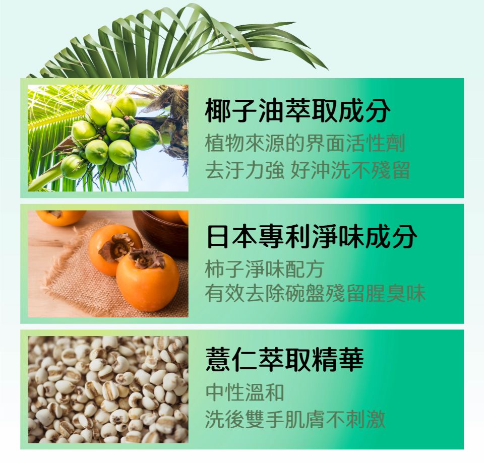 椰子油萃取成分植物來源的界面活性劑 好沖洗不殘留日本專利淨味成分柿子淨味配方有效去除碗盤殘留腥臭味薏仁萃取精華中性溫和洗後雙手肌膚不刺激