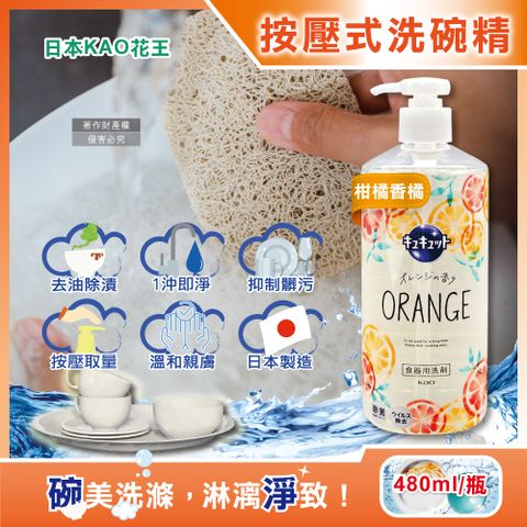 日本KAO-珂珂透CUCUTE按壓式高效濃縮洗碗精-柑橘香橘480ml/大瓶