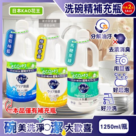 (2瓶)日本KAO-珂珂透CUCUTE濃縮洗碗精補充瓶1250ml/瓶