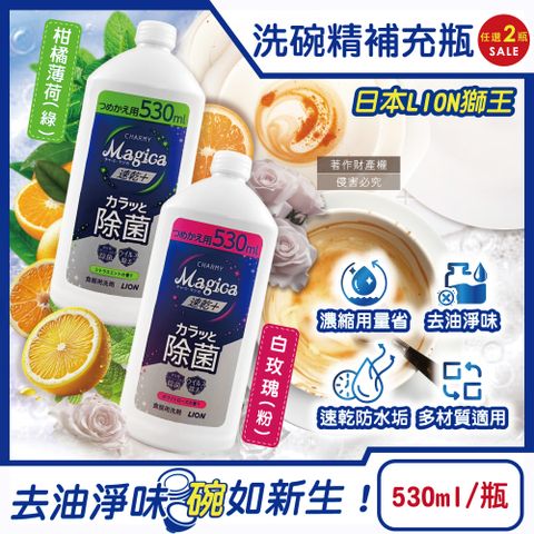 (2瓶)日本LION獅王-CHARMY Magica速乾+洗碗精補充瓶530ml/瓶