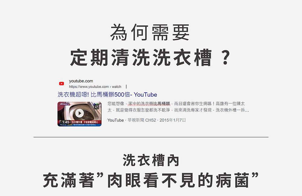 為何需要定期清洗洗衣槽?youtube.comhttps://www.youtube.comwatch 洗衣機超噁!比馬桶髒500倍- YouTube1:45 洗衣機 您能想像家中的洗衣機比馬桶髒而且還會害你生病嗎!高雄有一位陳太,就是覺得衣服怎麼都洗不乾淨,找來清洗專家才發現,洗衣機外槽一拆...YouTube華視新聞CH52·2015年1月7日洗衣充滿著肉眼看不見的病菌”