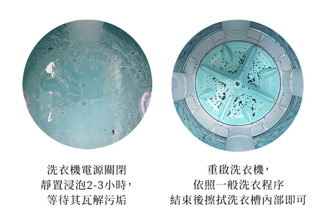 洗衣機電源關閉靜置浸泡2-3小時,等待其瓦解污垢重啟洗衣機,依照一般洗衣程序結束後擦拭洗衣槽內部即可