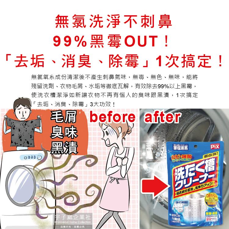 PIX 獅子化學 日本Ag銀離子活氧去汙消臭除霉洗衣槽清潔粉280g/袋(滾筒直立洗衣機皆適用)