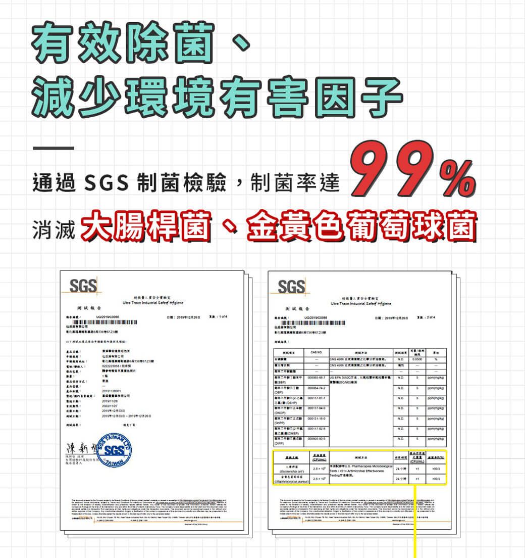 有效減少環境有害通過 菌檢驗菌率達99%消滅大腸桿菌、金黃色葡萄球菌SGSSGS                 , NONO SGS    .