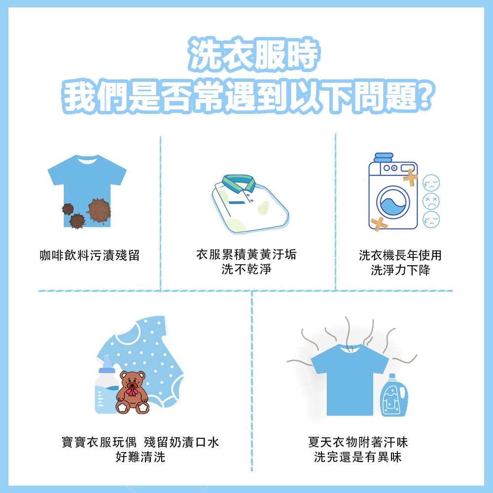 洗衣服時我們是否常遇到以下問題?咖啡飲料污漬殘留衣服累積黃黃汙垢洗衣機長年使用洗不乾淨洗淨力下降寶寶衣服玩偶 殘留奶漬口水好難清洗夏天衣物附著汗味洗完還是有異味