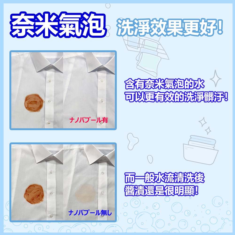 奈米氣泡 洗淨效果更好含有奈米氣泡的水可以更有效的洗淨髒汙!ナノバブール無し而一般水流清洗後醬漬還是很明顯