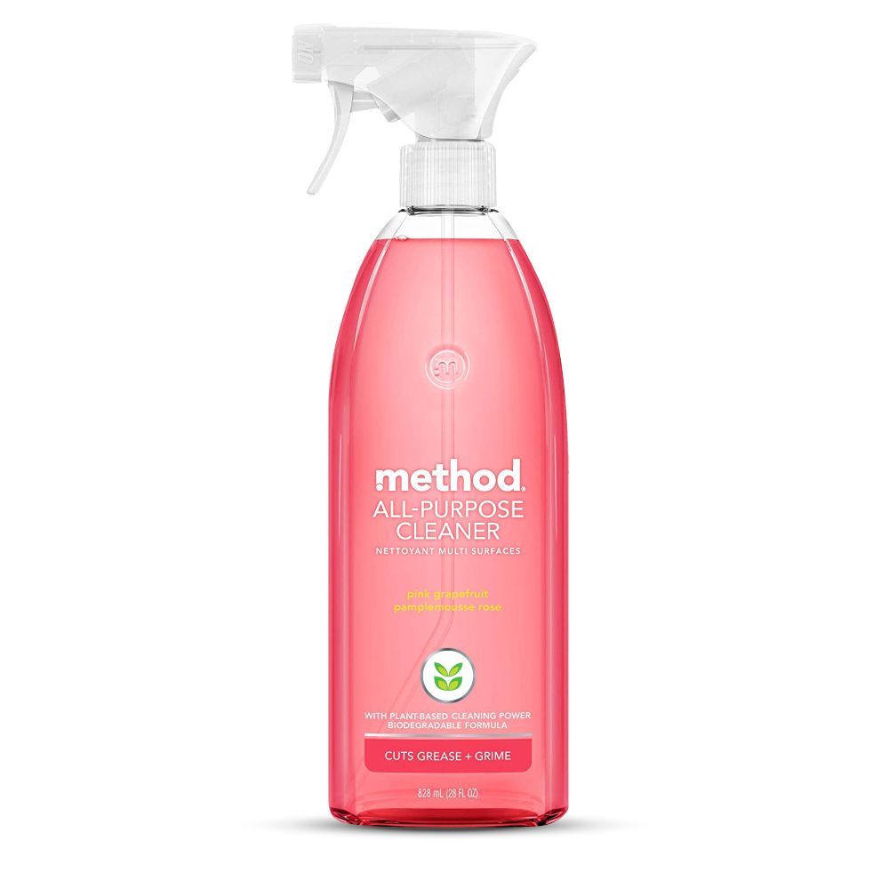 methodALLPURPOSECLEANERNETTOYANT MULTI SURFACESpink grapefruitpamplemousse roseWITH PLANT-BASED CLEANING POWERBIODEGRADABLE FORMULACUTS GREASE  GRIME828  (28 FL )