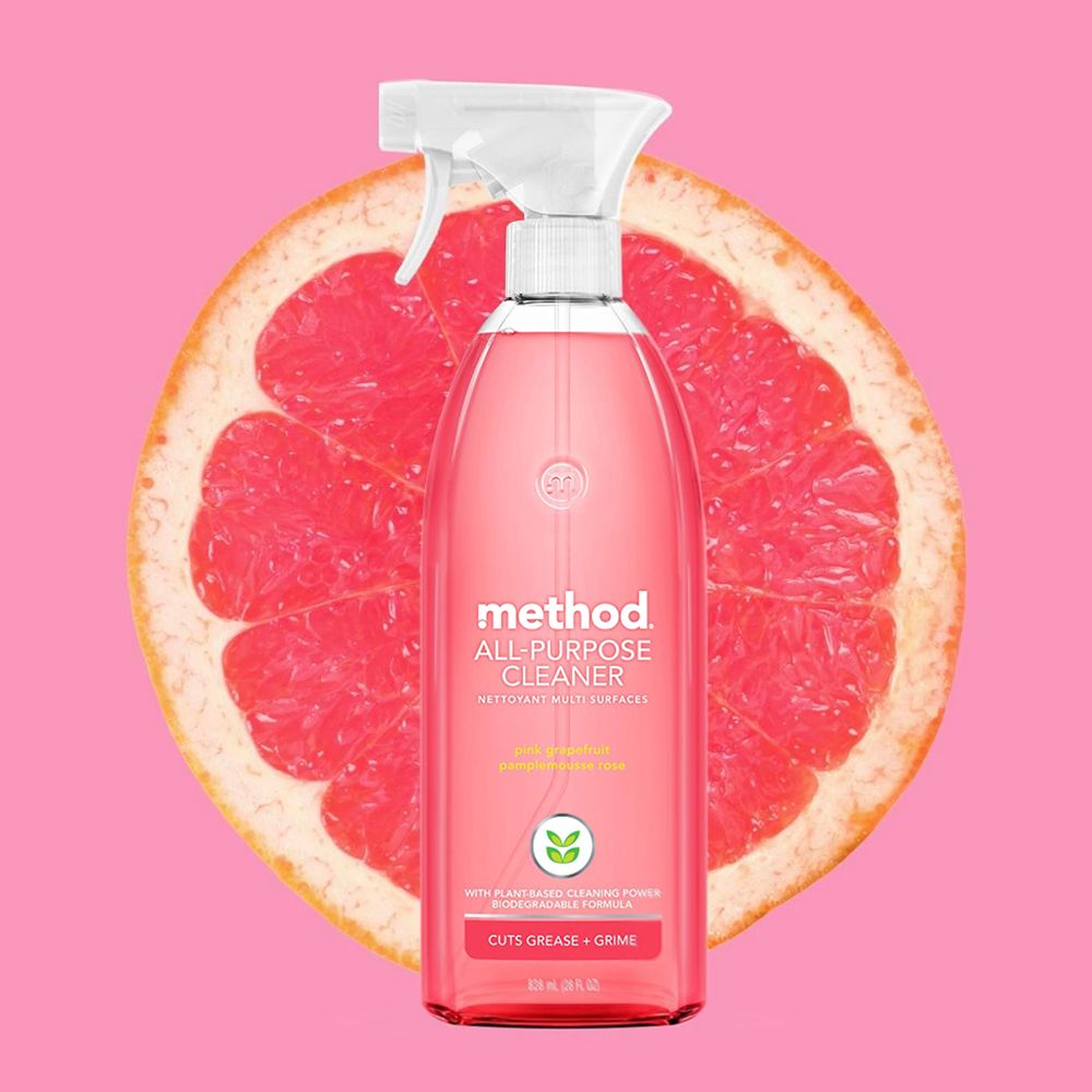 methodALLPURPOSECLEANERNETTOYANT MULTI SURFACESpink grapefruitpamplemousse roseWITH PLANT-BASED CLEANING POWERBIODEGRADABLE FORMULACUTS GREASE+ GRIME