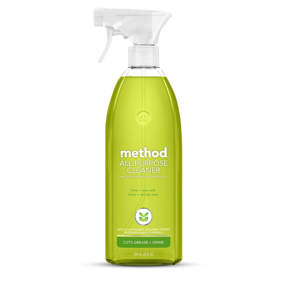 methodALLPURPOSECLEANERNETTOYANT MULTI SURFACESlime  sea saltlime  sel de merWITH PLANT-BASED CLEANING POWERBIODEGRADABLE FORMULACUTS GREASE  GRIME828  (28 FL