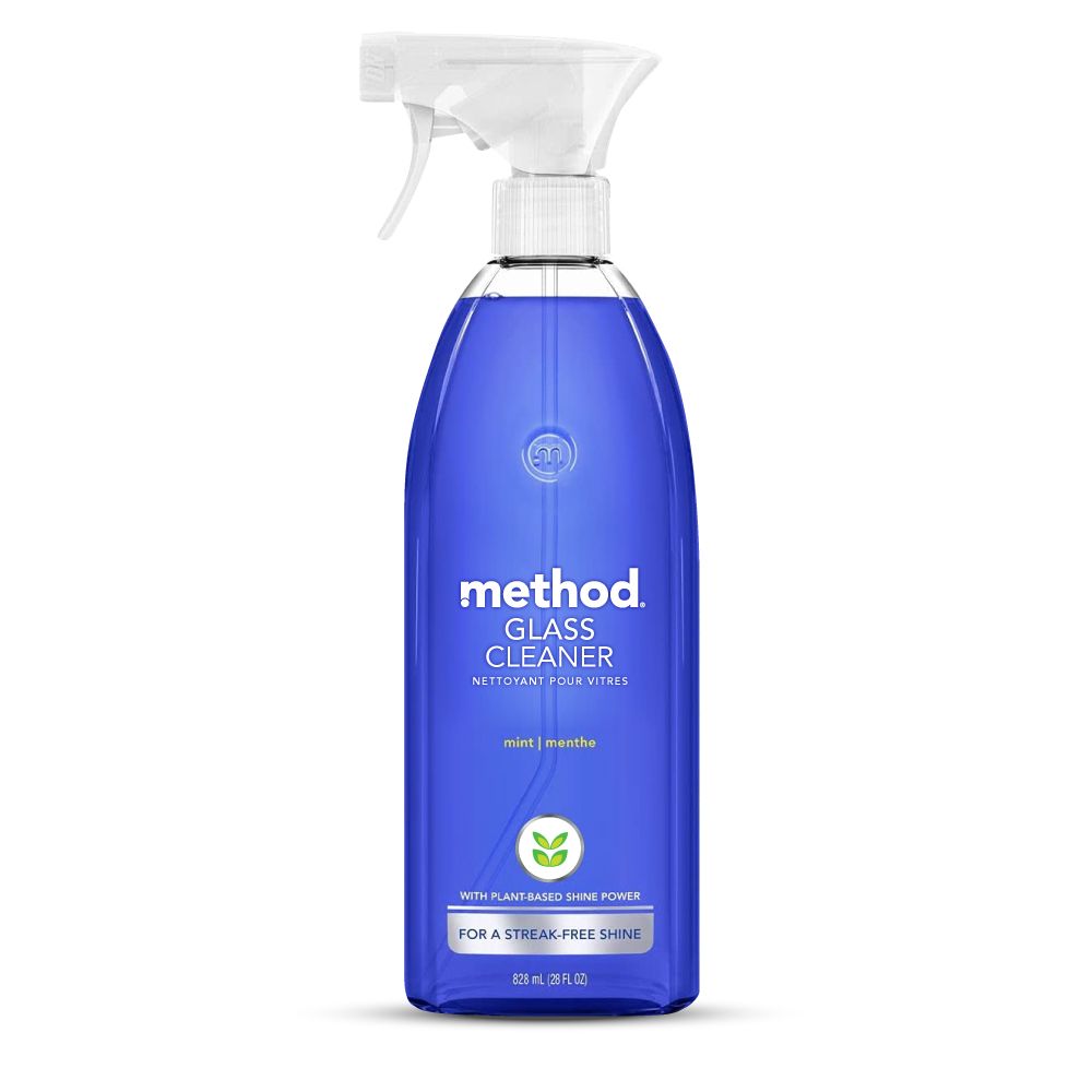 methodGLASSCLEANERNETTOYANT POUR VITRESmint  mentheWITH PLANT-BASED SHINE POWERFOR A STREAK-FREE SHINE828  (28 FL )