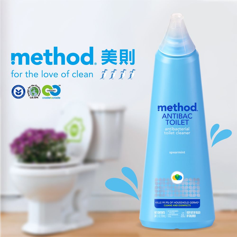 method 美則f the love of clean or the EPACERTIFIEDcradletocradlemethodANTIBACTOILETantibacterialtoilet cleanerspearmintKILLS 99.9  HOUSEHOLD GERMSCLEANS AND DISINFECTS NET CONTENTS    KEEP OUT OF REACHOF