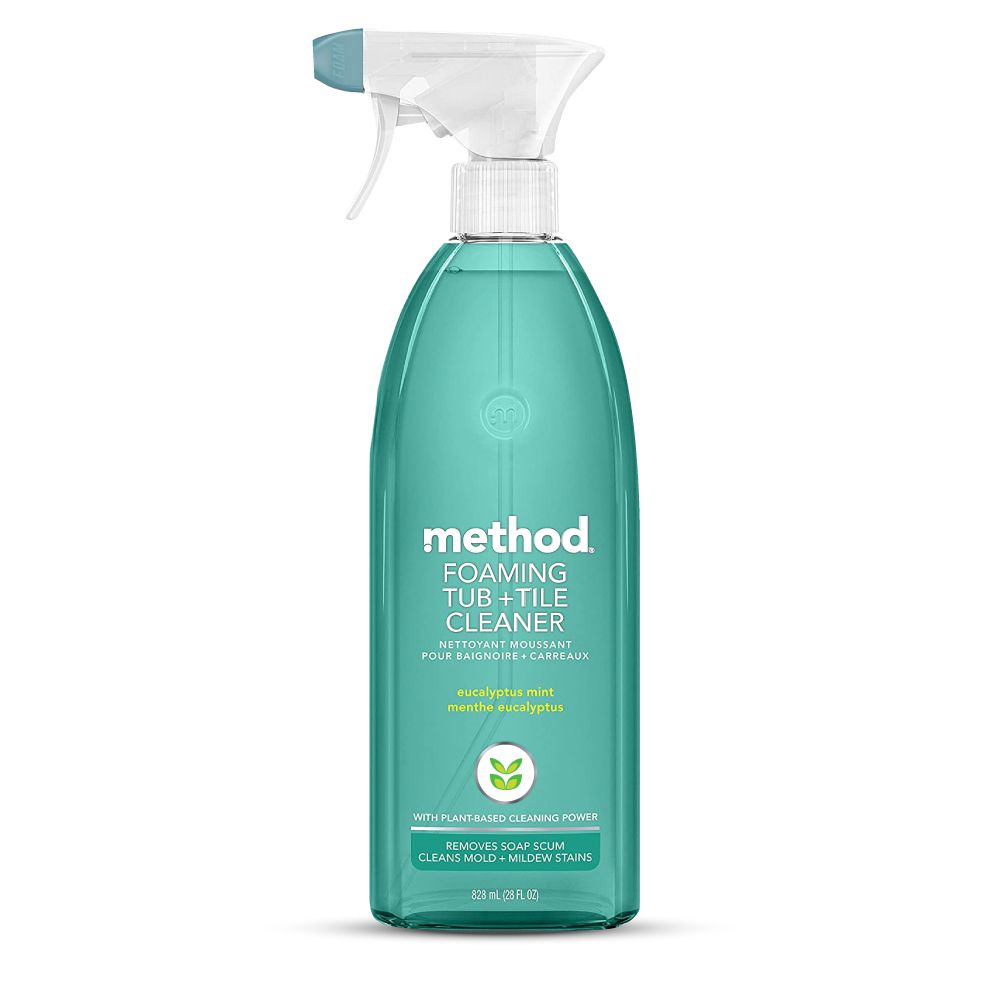 methodFOAMINGTUB TILECLEANERNETTOYANT MOUSSANTPOUR BAIGNOIRE  CARREAUXeucalyptus mintmenthe eucalyptusWITH PLANT-BASED CLEANING POWERREMOVES SOAP SCUMCLEANS MOLD+ MILDEW STAINS828  (28 FL )