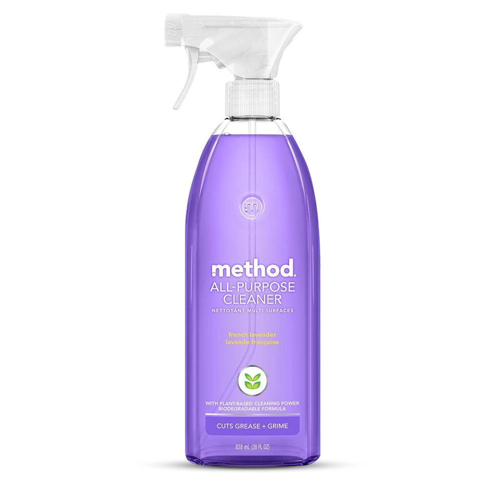 (methodALL-PURPOSECLEANERNETTOYANT MULTI SURFACESfrench lavenderlavande françaiseWITH PLANT-BASED CLEANING POWERBIODEGRADABLE FORMULACUTS GREASE GRIME828  (28 FL