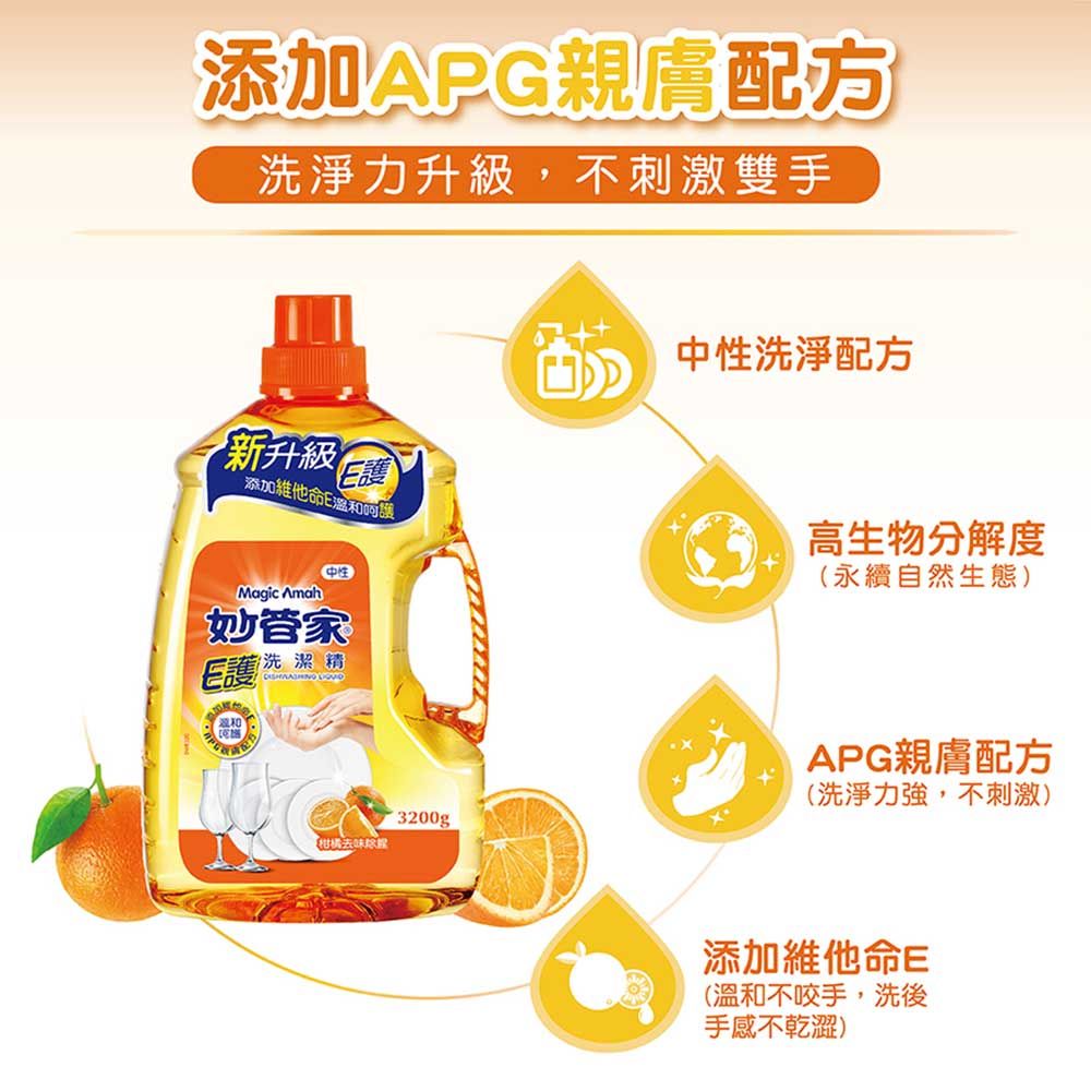 添加APG親膚配方洗淨力升級,不刺激雙手新升級 添加維他命Magic Amah妙管家E護洗潔精 柑橘去味中性洗淨配方高生物分解度(永續自然生態)APG親膚配方(洗淨力強,不刺激)添加維他命E(溫和不咬手,洗後手感不乾澀)