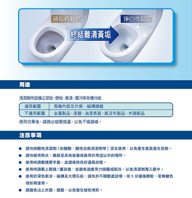 |頑垢真難清淨白亮晶晶終結難清黃垢用途清潔廁所設備之尿垢、便垢、黃漬、霉污等各種污垢適用範圍馬桶內部及外側、磁磚細縫不適用範圍 金屬製品、漆器、油漆表面、紙及布製品、木頭製品使用完畢後,請務必旋緊瓶蓋,以免不慎誤噴。注意事項 請勿與酸性清潔劑(如鹽酸、酸性浴廁清潔劑等)混合使用,以免產生發生危險。請勿使用熱水,換裝至其他容器或使用於用途以外的場所。使用時請戴橡膠手套,並請保持良好通風狀態。使用時請戴上眼鏡/護目鏡,並避免過度用力按壓或刷洗,以免清潔劑濺入眼中。使用於深色衛浴、磁磚及大理石前,請先於不顯眼處試噴,待5分鐘後擦乾,若無變色情形再使用。 請避免沾上衣服、踏,以免發生褪色情形。