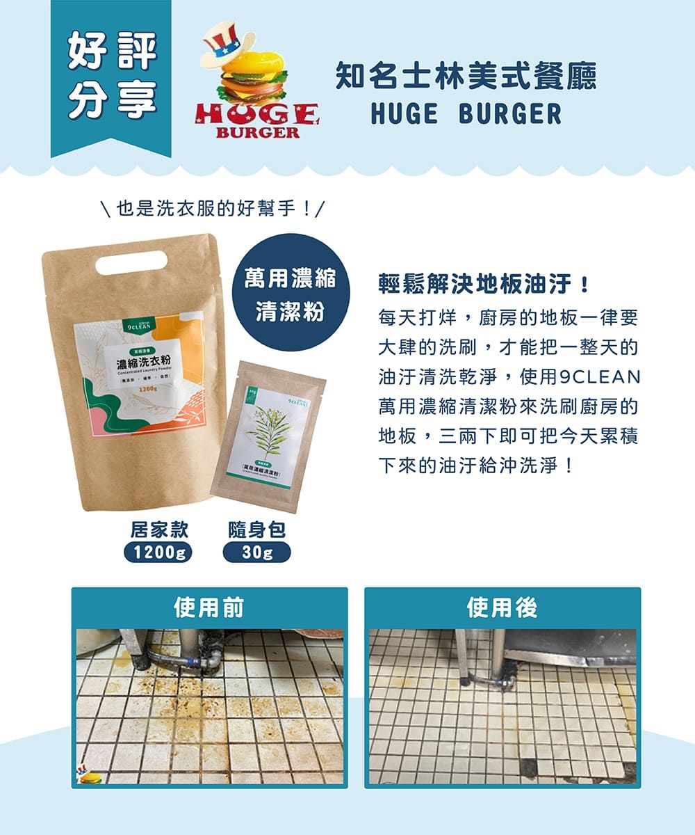 好評分享HOGEBURGER\也是洗衣服的好幫手!/萬用濃縮清潔粉濃縮洗衣粉1200g居家款隨身包1200g使用前30gp知名士林美式餐廳HUGE BURGER輕鬆解決地板油汙!每天打烊,廚房的地板一律要大肆的洗刷,才能把一整天的油汙清洗乾淨,使用9CLEAN萬用濃縮清潔粉來洗刷廚房的地板,三兩下即可把今天累積下來的油汙給沖洗淨!使用後