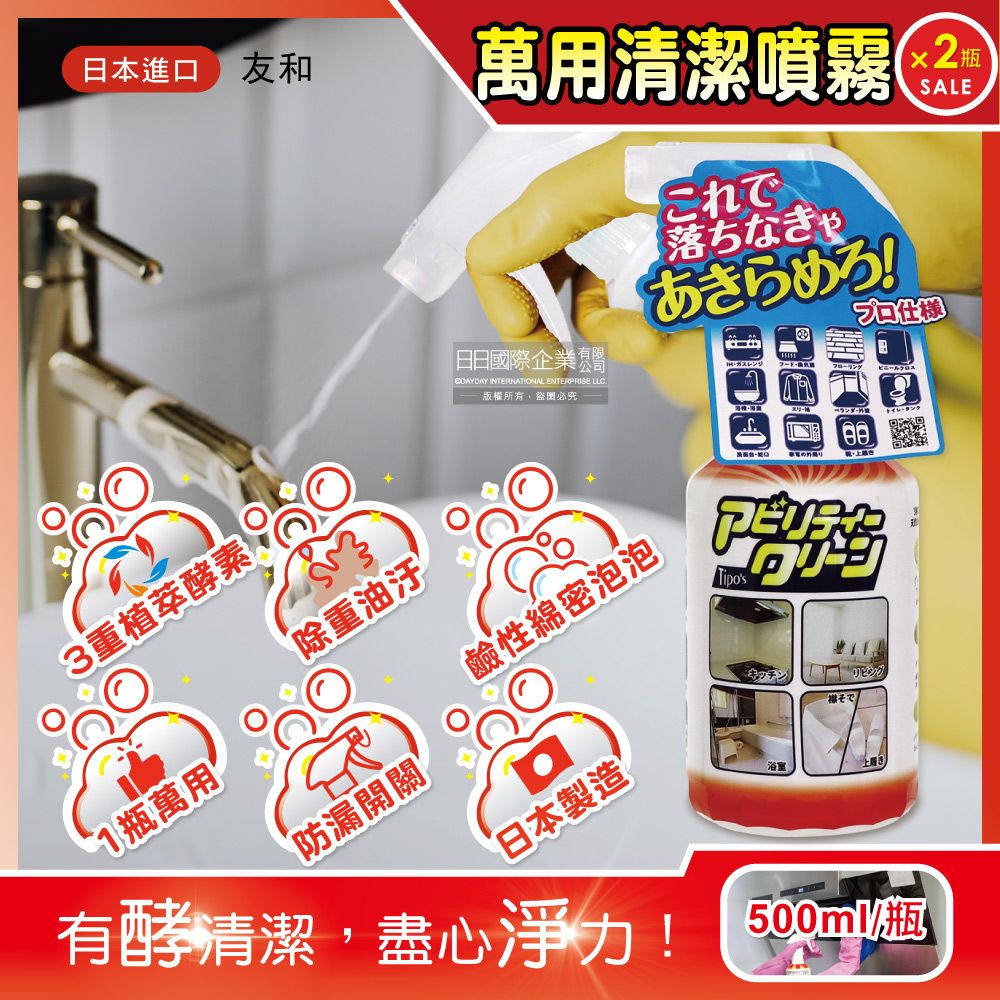 日本友和 (2瓶超值組)-Tipos居家木瓜酵素萬用清潔劑500ml/瓶(廚房流理台清潔噴霧,客廳多用途去漬霸)