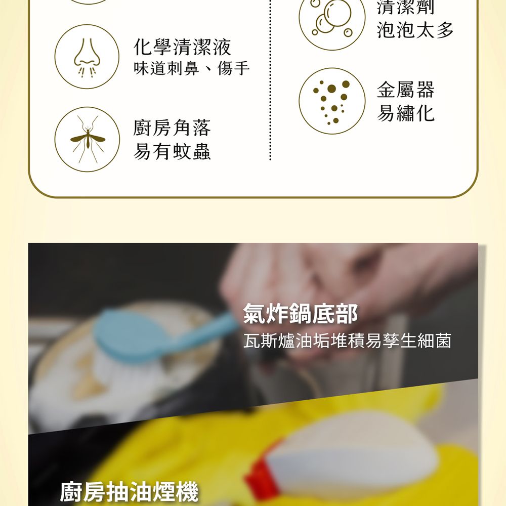 化學清潔液味道刺鼻、傷手廚房角落清潔劑泡泡太多金屬器易繡化易有蚊蟲廚房抽油煙機氣炸鍋底部瓦斯爐油垢堆積易孳生細菌