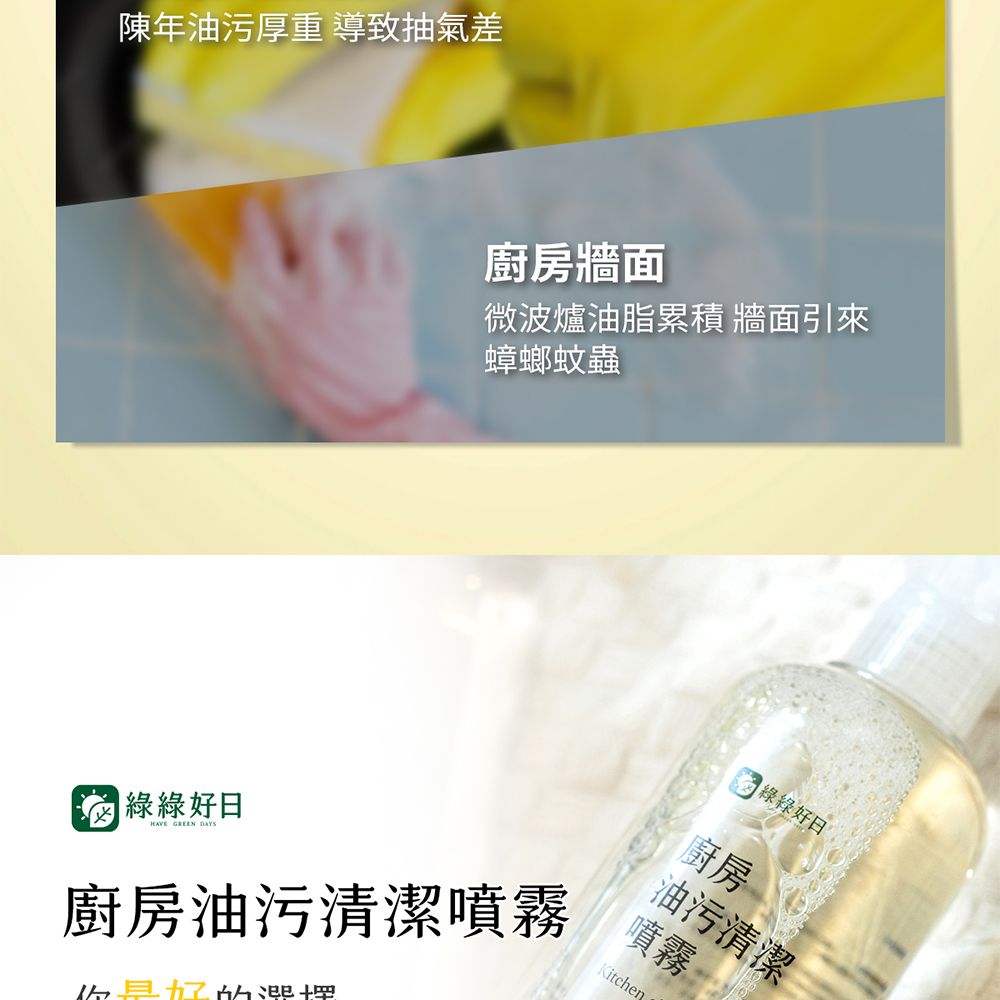 陳年油污厚重 導致抽氣差廚房牆面微波爐油脂累積 牆面引來蟑螂蚊蟲 綠綠好HAVE GREEN DAYS廚房油污清潔噴霧 綠綠好日廚房油污清潔噴霧Kitchen