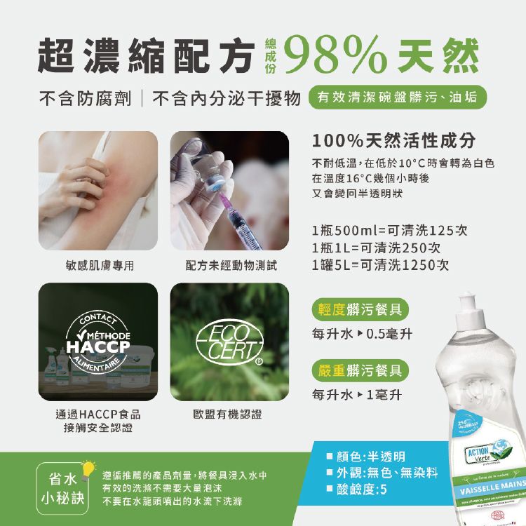  【綠色行動】有機超濃縮碗盤清潔凝膠 1000ML *0%防腐劑 98%天然成分 |法國原裝