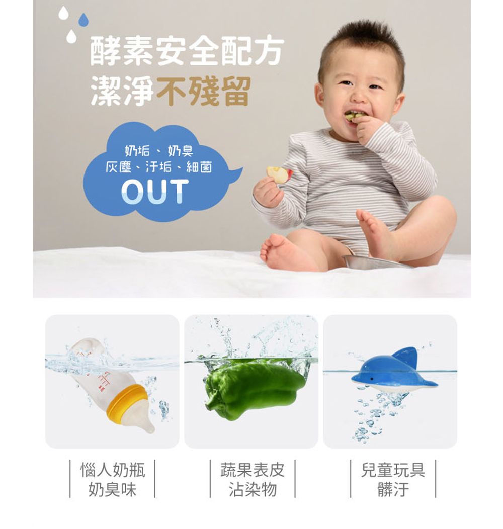 酵素安全配方潔淨不殘留奶垢、奶臭灰塵、汙垢、細菌OUT惱人奶瓶蔬果表皮兒童玩具奶臭味沾染物髒汙