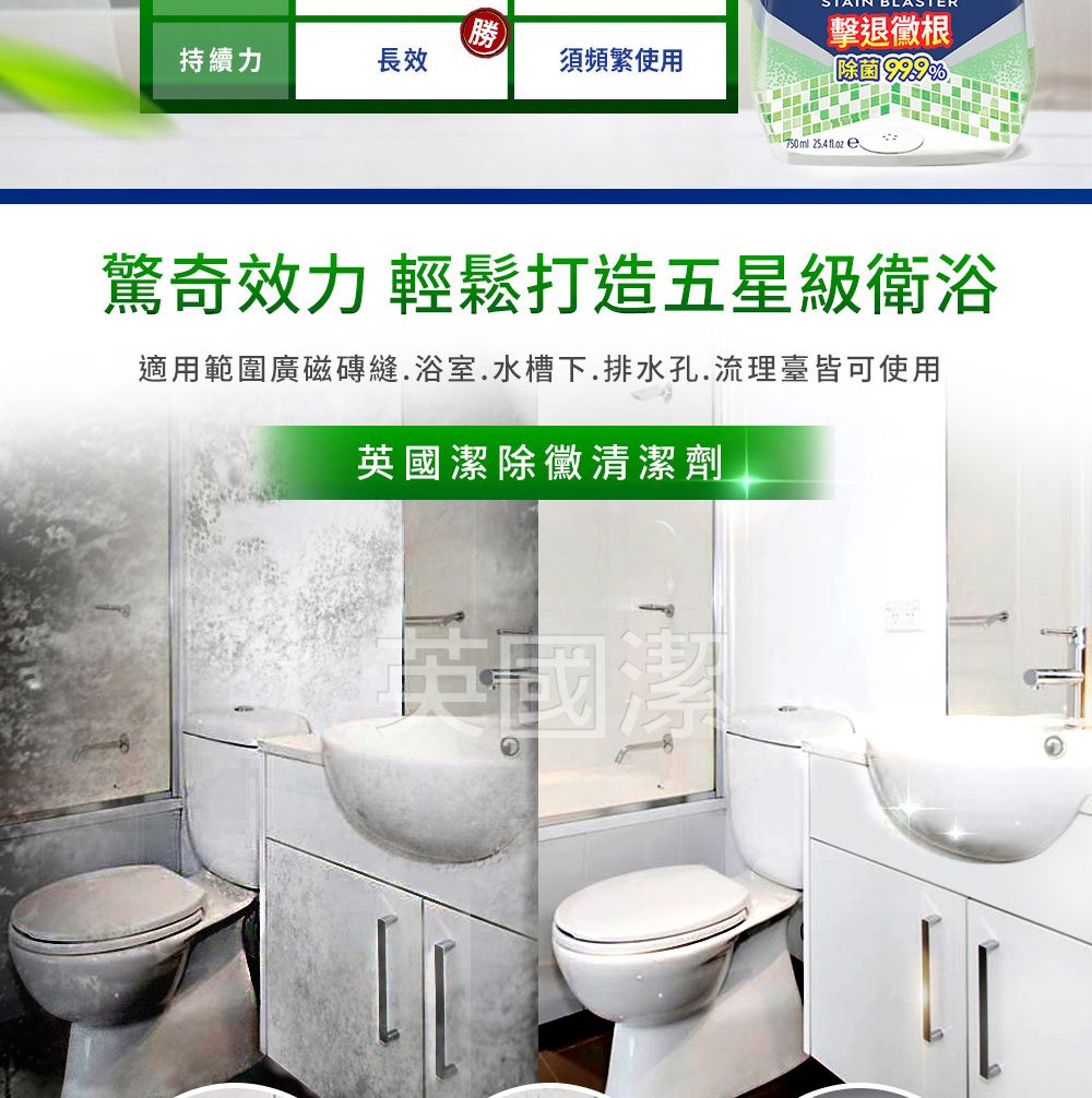 持續力長效須頻繁使用擊退根%750ml   e驚奇效力 輕鬆打造五星級衛浴適用範圍磁磚縫.浴室.水槽下.排水孔.流理臺皆可使用英國潔除清潔劑英國潔